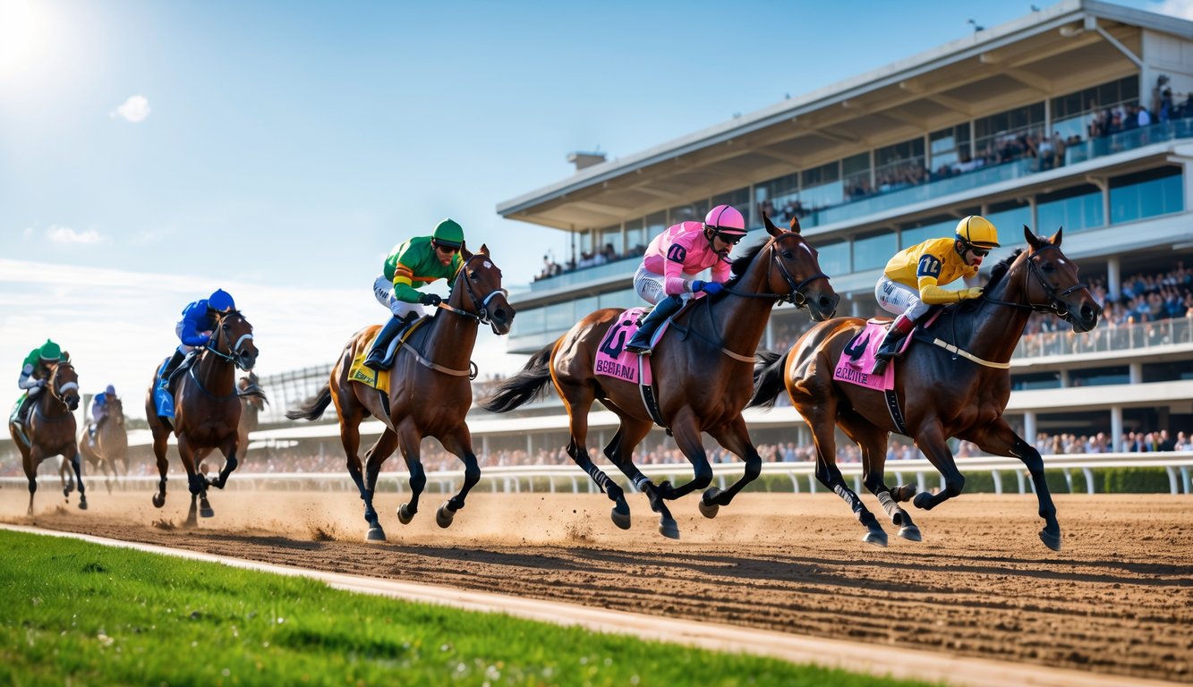 Adegan balapan kuda dengan beberapa kuda pacu dan joki berlari di lintasan, penonton terlihat di tribun di latar belakang.
