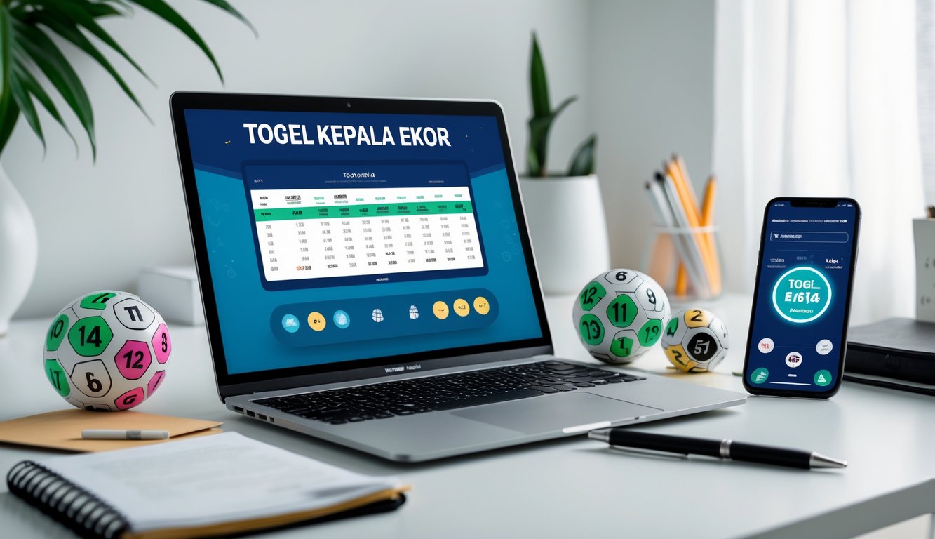 Seorang pengguna duduk di depan komputer dengan layar menampilkan antarmuka lotere online, dikelilingi oleh bola lotere dan alat tulis di meja kerja.