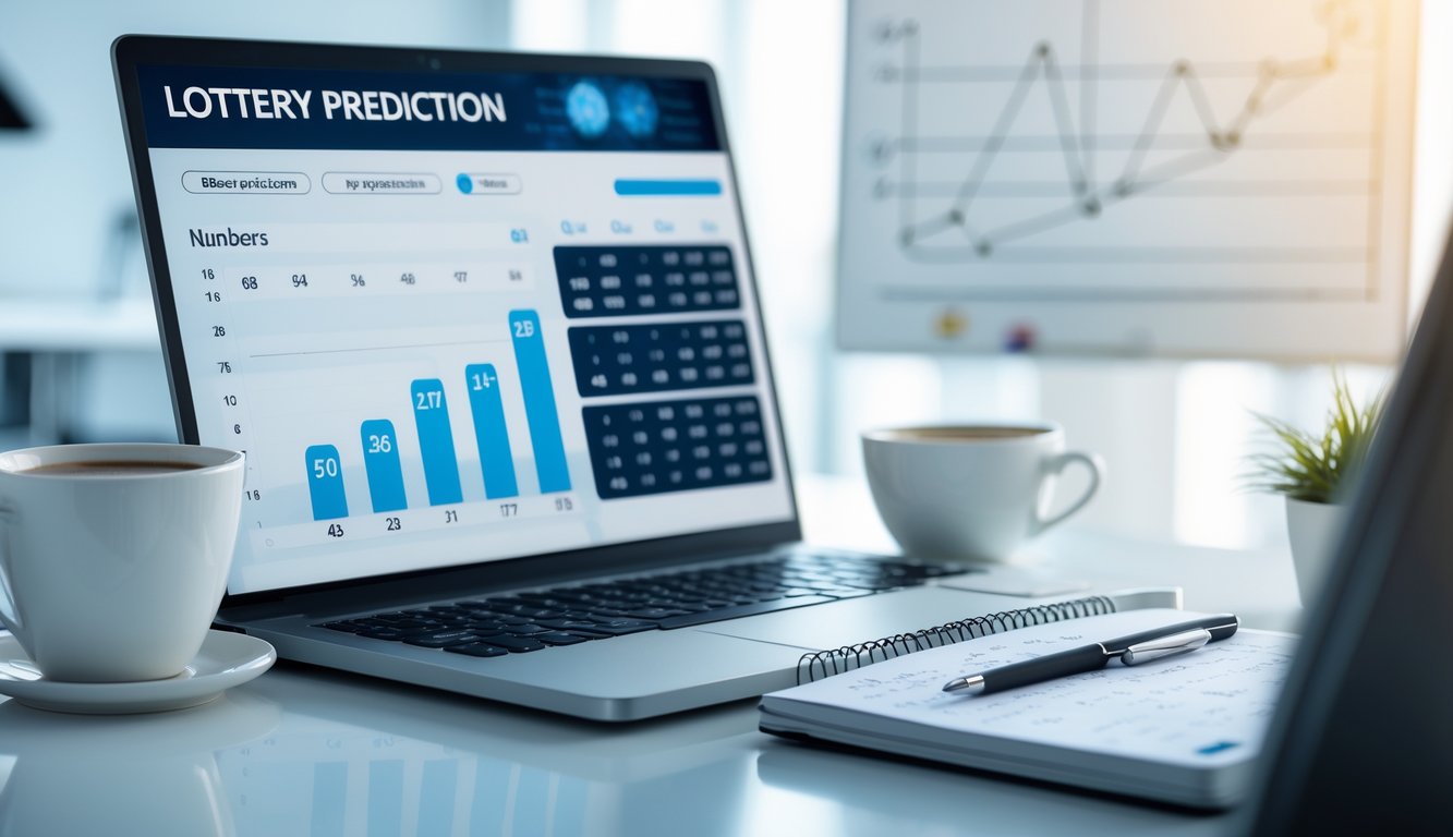 Meja kerja dengan laptop, buku catatan, dan secangkir kopi yang menunjukkan suasana kerja fokus pada prediksi togel.