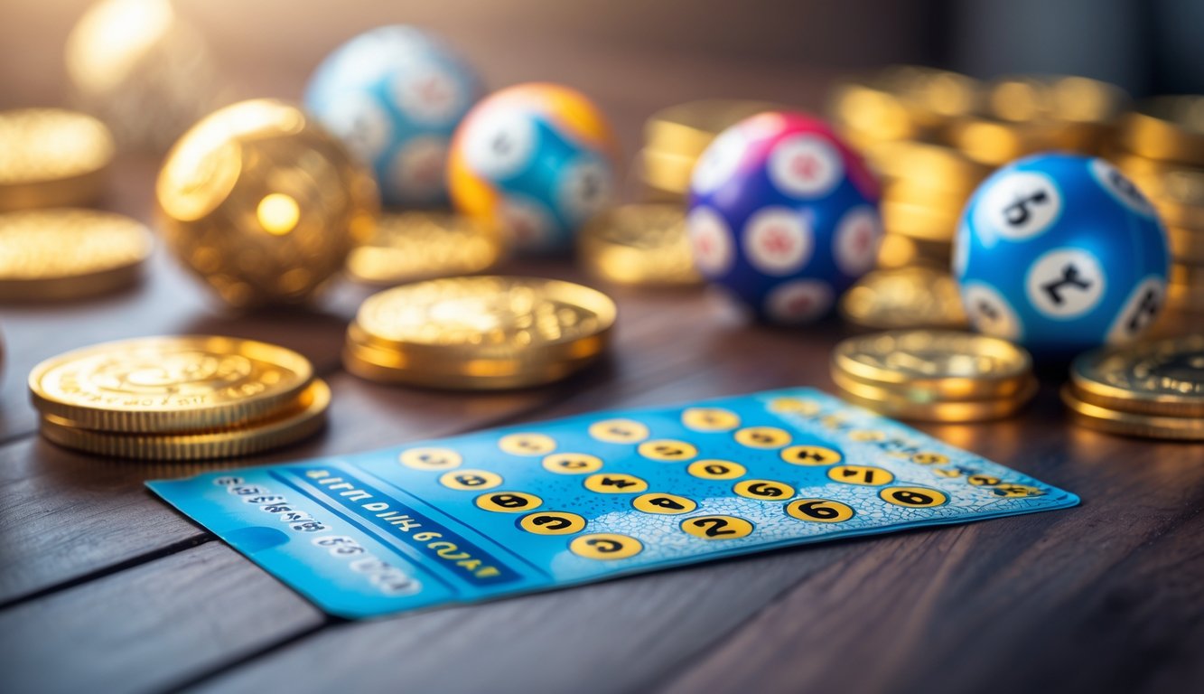 Sebuah tiket togel dengan koin emas dan bola togel berwarna di atas meja kayu, menampilkan suasana penuh harapan dan keberuntungan.