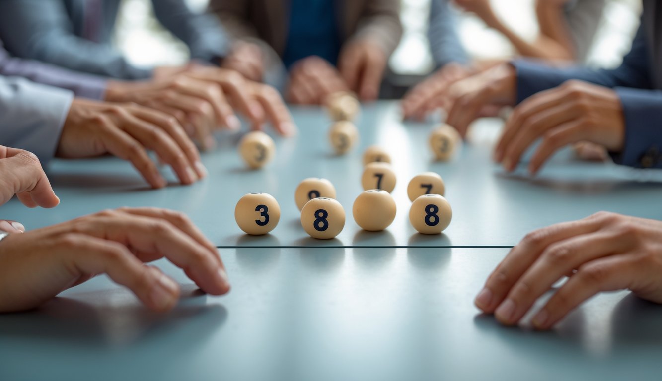 Tangan orang-orang sedang bermain permainan angka dengan bola bernomor di atas meja.