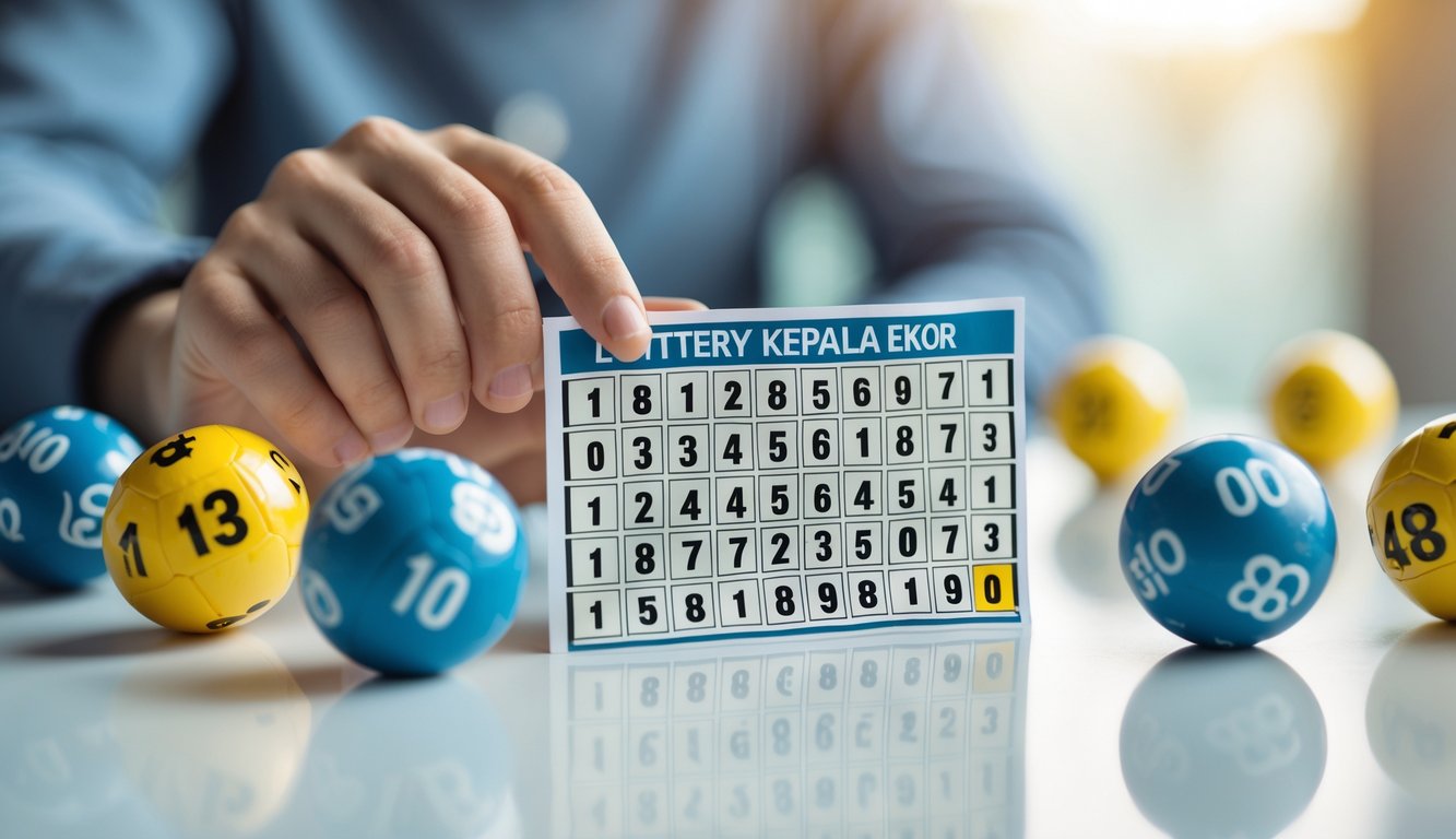 Tangan memegang tiket lotere dengan bola lotere bernomor di atas meja.