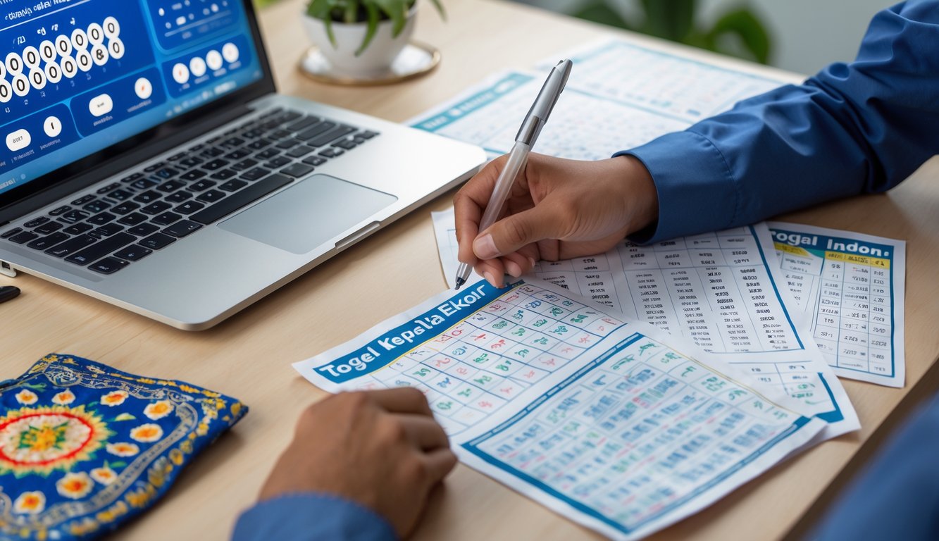 Meja kerja dengan laptop dan kertas berisi angka, tangan menunjuk angka, dengan latar belakang elemen budaya Indonesia.