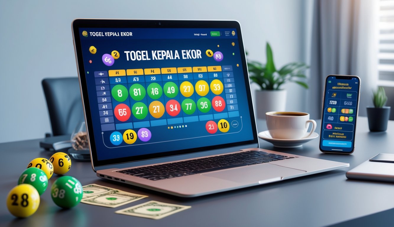 Seorang pria menggunakan laptop di meja kerja dengan tampilan angka togel dan bola togel di sekitarnya.