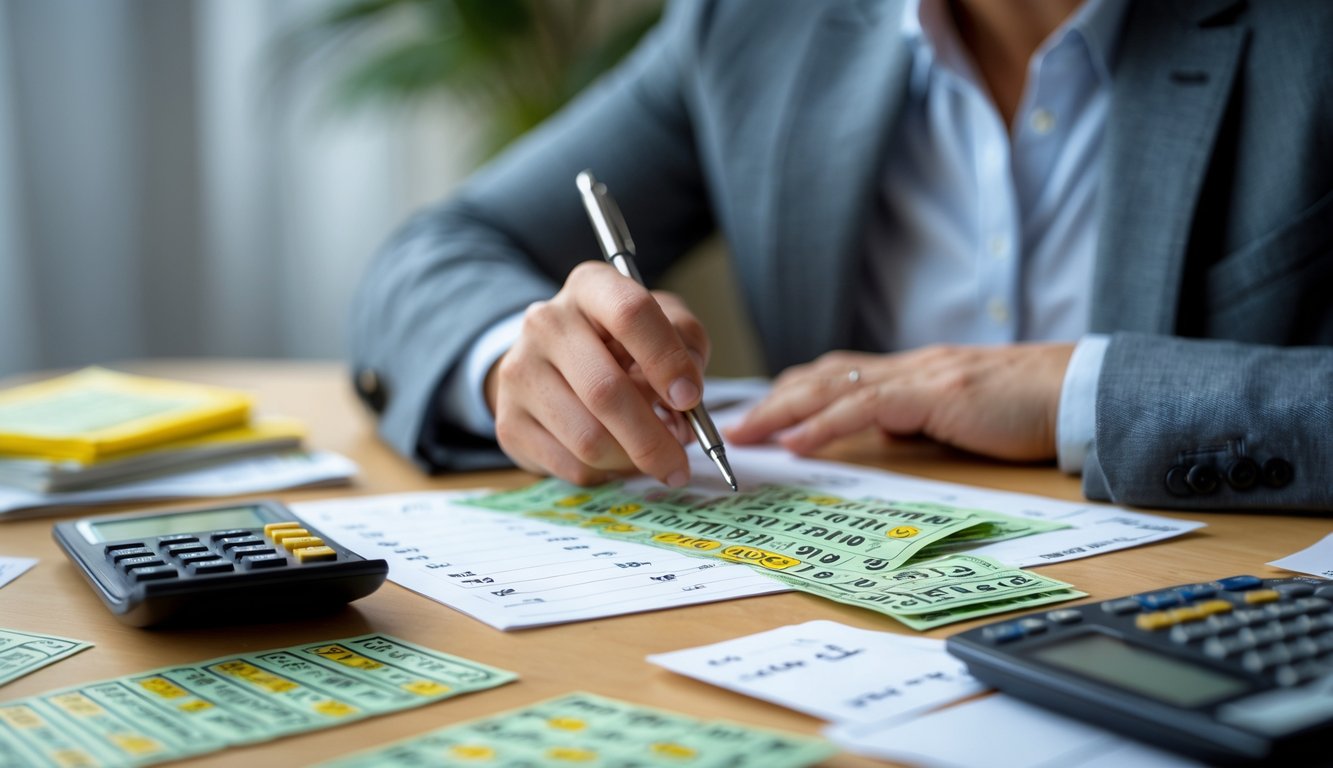 Seseorang sedang menganalisis nomor togel dengan tiket, kalkulator, dan catatan di atas meja.