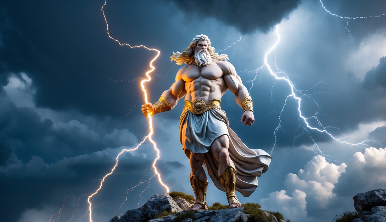 Patung Zeus berdiri di puncak gunung dengan petir dan awan badai di sekitarnya.