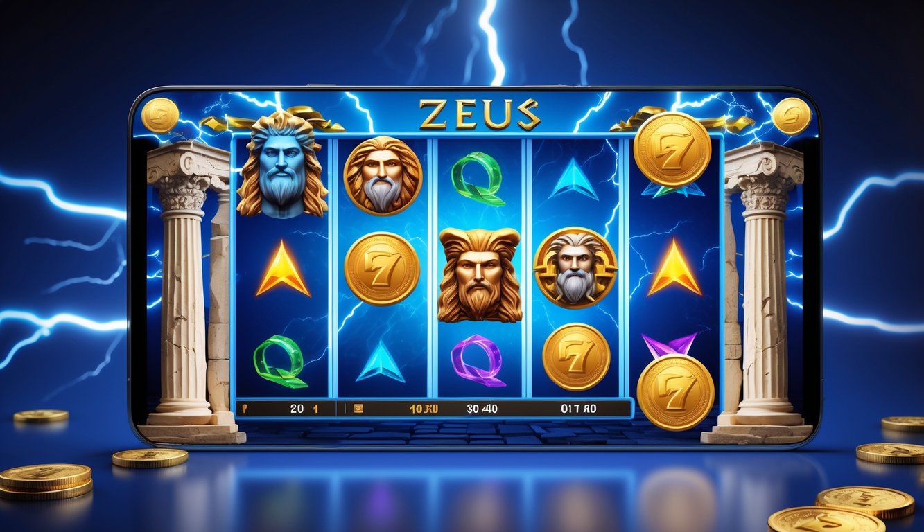Mesin slot online dengan tema Zeus dan simbol mitologi Yunani, menampilkan layar digital berwarna cerah dan latar belakang biru dengan efek petir.