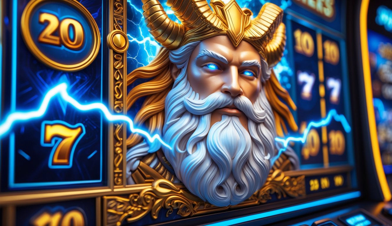 Mesin slot bertema Dewa Zeus dengan desain emas dan simbol petir di latar belakang biru dan emas.