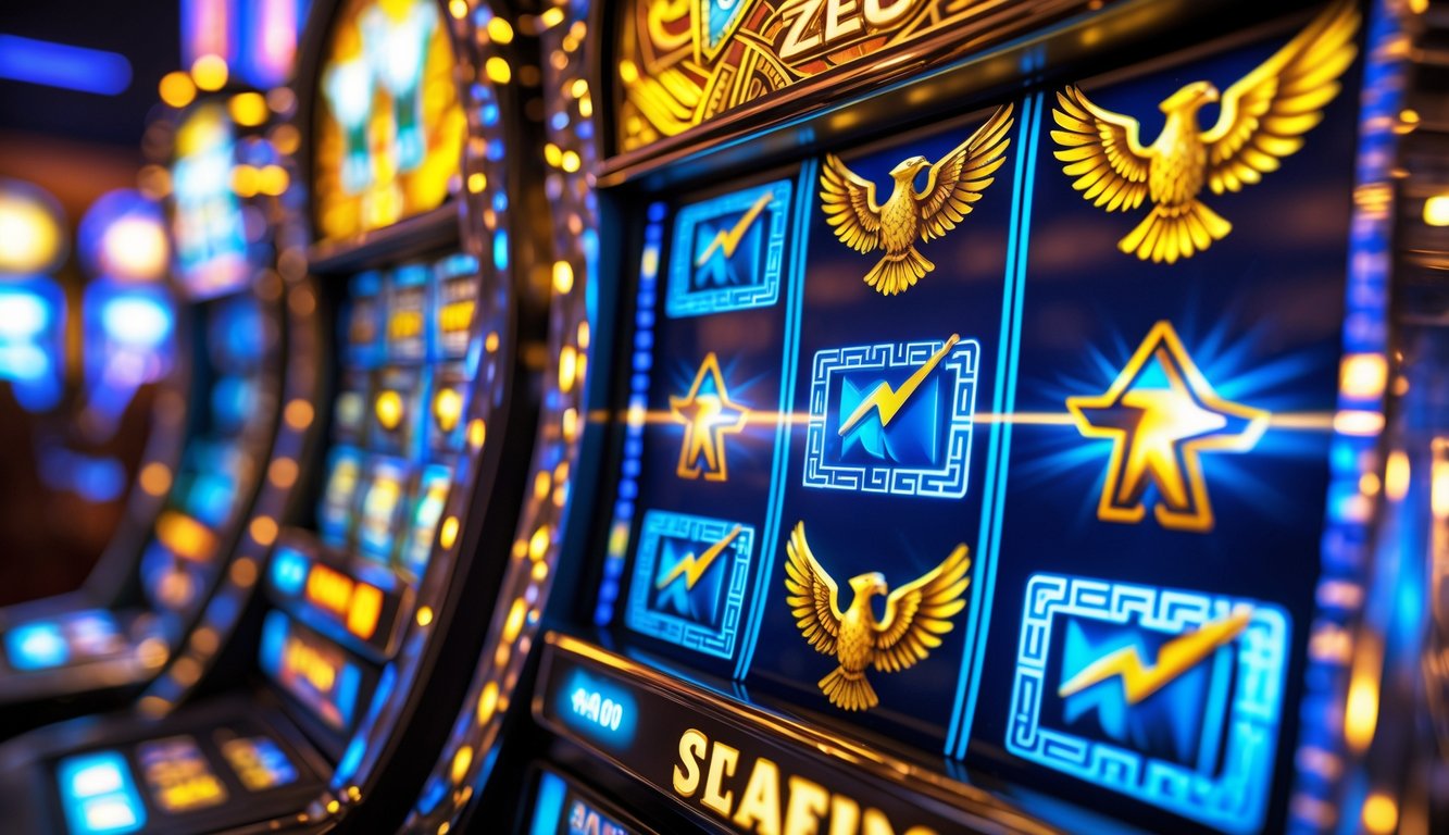 Mesin slot bertema Zeus dengan simbol petir dan elang emas di latar belakang kasino yang remang-remang.