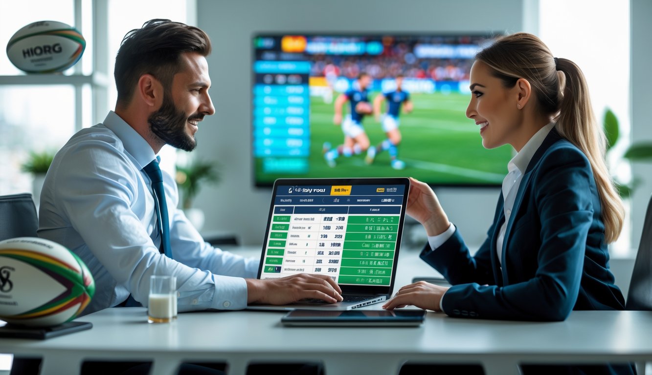 Seorang pria dan wanita duduk di meja dengan laptop, fokus pada statistik dan taruhan pertandingan rugby yang sedang berlangsung.