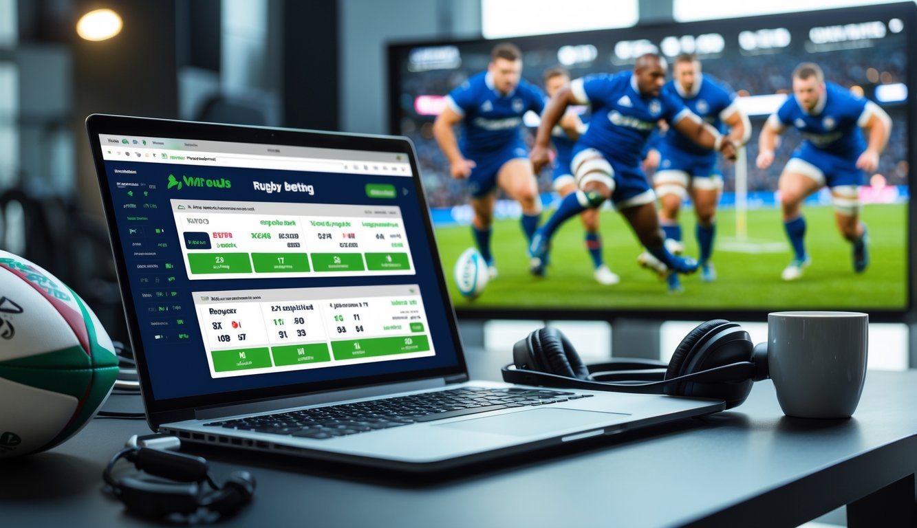 Seorang pria menggunakan laptop dengan layar yang menunjukkan situs taruhan rugby online, di meja terdapat bola rugby dan cangkir kopi, latar belakang menampilkan pertandingan rugby yang sedang berlangsung.