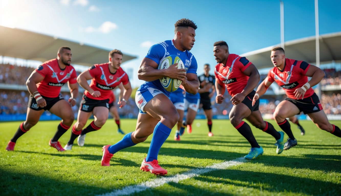 Pertandingan rugby dengan pemain yang sedang berlari membawa bola di lapangan hijau dengan penonton di latar belakang.