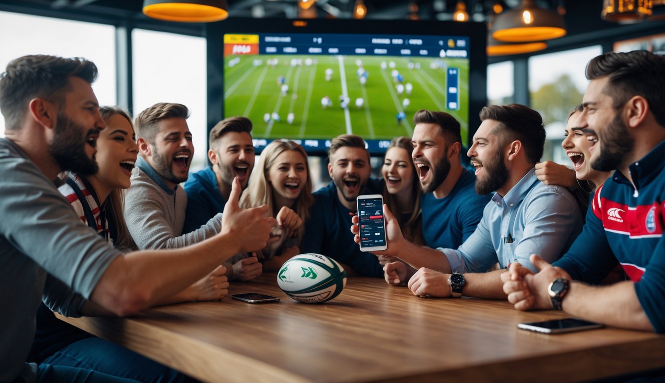 Sekelompok penggemar rugby yang antusias berkumpul di bar olahraga modern sambil melihat layar digital dan menggunakan aplikasi taruhan rugby di ponsel.
