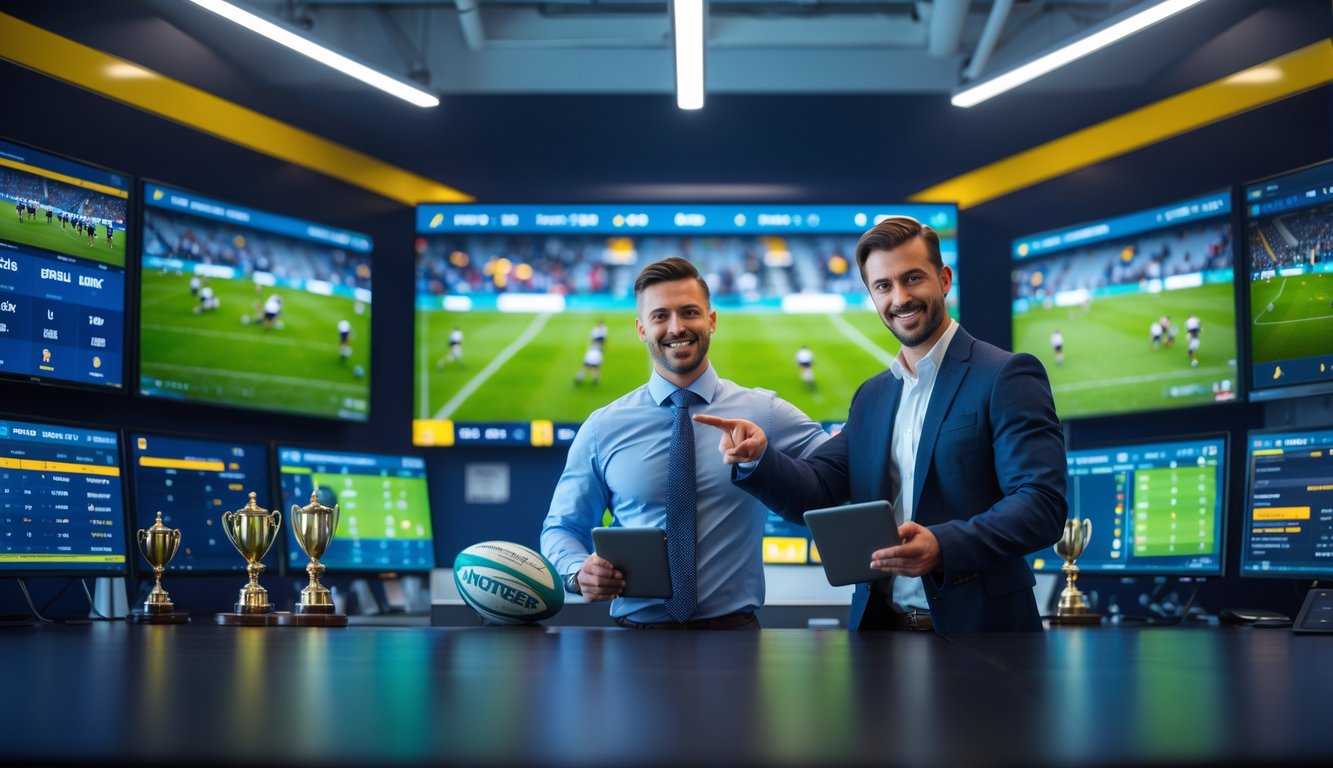 Seorang analis olahraga sedang menunjuk layar komputer yang menampilkan statistik dan data pertandingan rugby di dalam kantor modern.