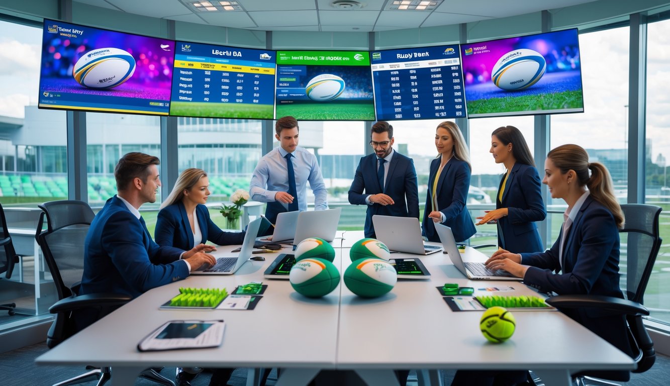 Orang-orang di kantor taruhan olahraga sedang melihat statistik dan grafik pertandingan rugby pada layar besar.