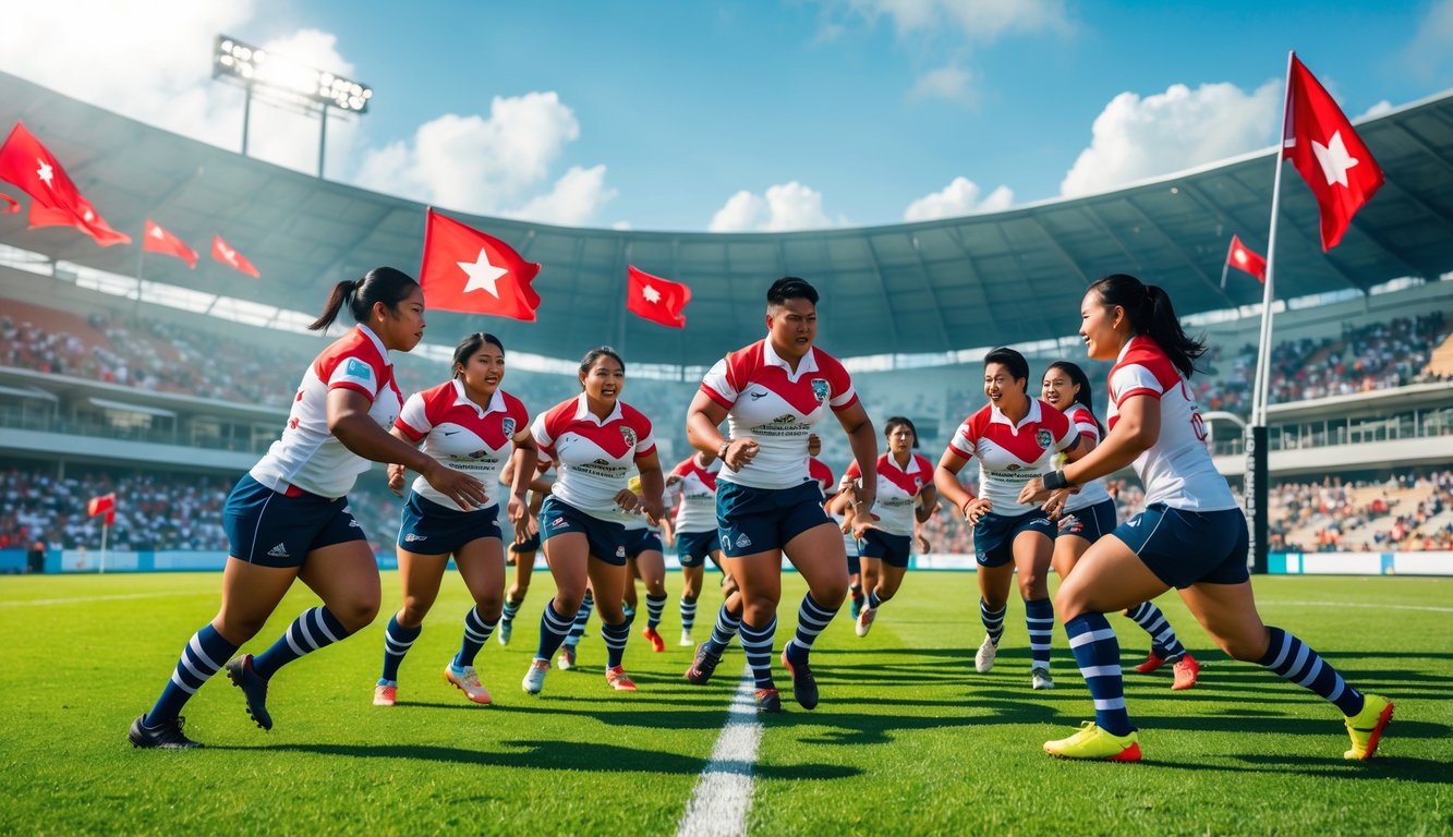 Sejumlah pemain rugby Indonesia sedang bermain di lapangan hijau dengan penonton di stadion di latar belakang.