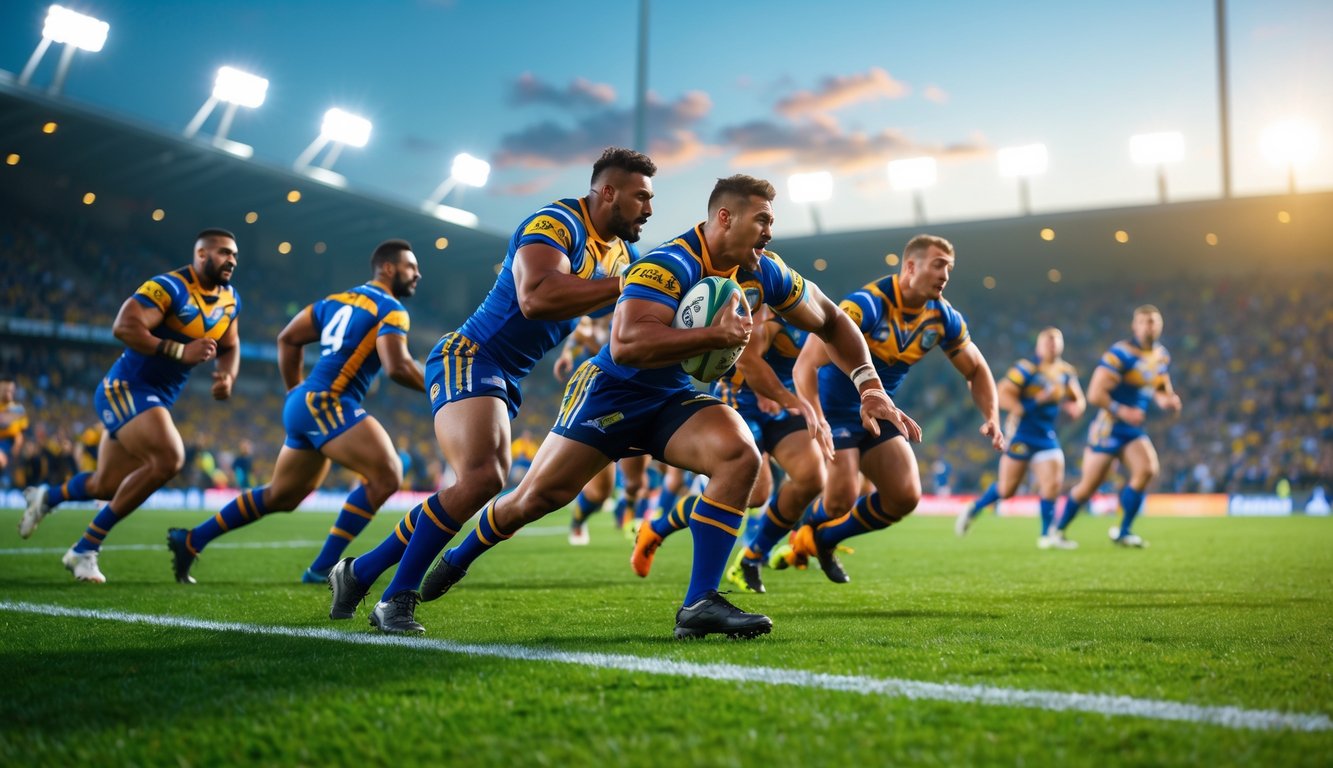 Pertandingan rugby yang intens di lapangan hijau dengan pemain yang beraksi dan penonton di latar belakang.