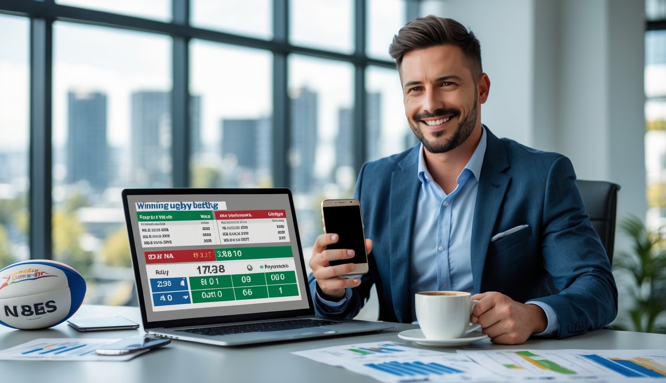 Seorang pria duduk di meja dengan laptop dan telepon, tersenyum sambil melihat hasil taruhan rugby yang menang.