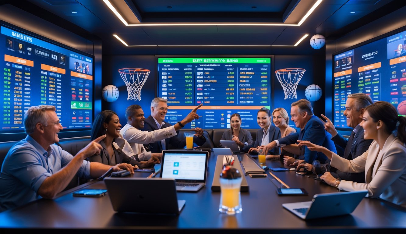 Sekelompok orang sedang melihat layar besar menampilkan statistik dan peluang pertandingan NBA di sebuah ruang taruhan olahraga modern.
