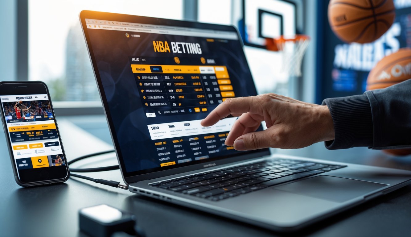 Seseorang menggunakan laptop dan ponsel untuk taruhan NBA online dengan latar belakang elemen bertema bola basket.