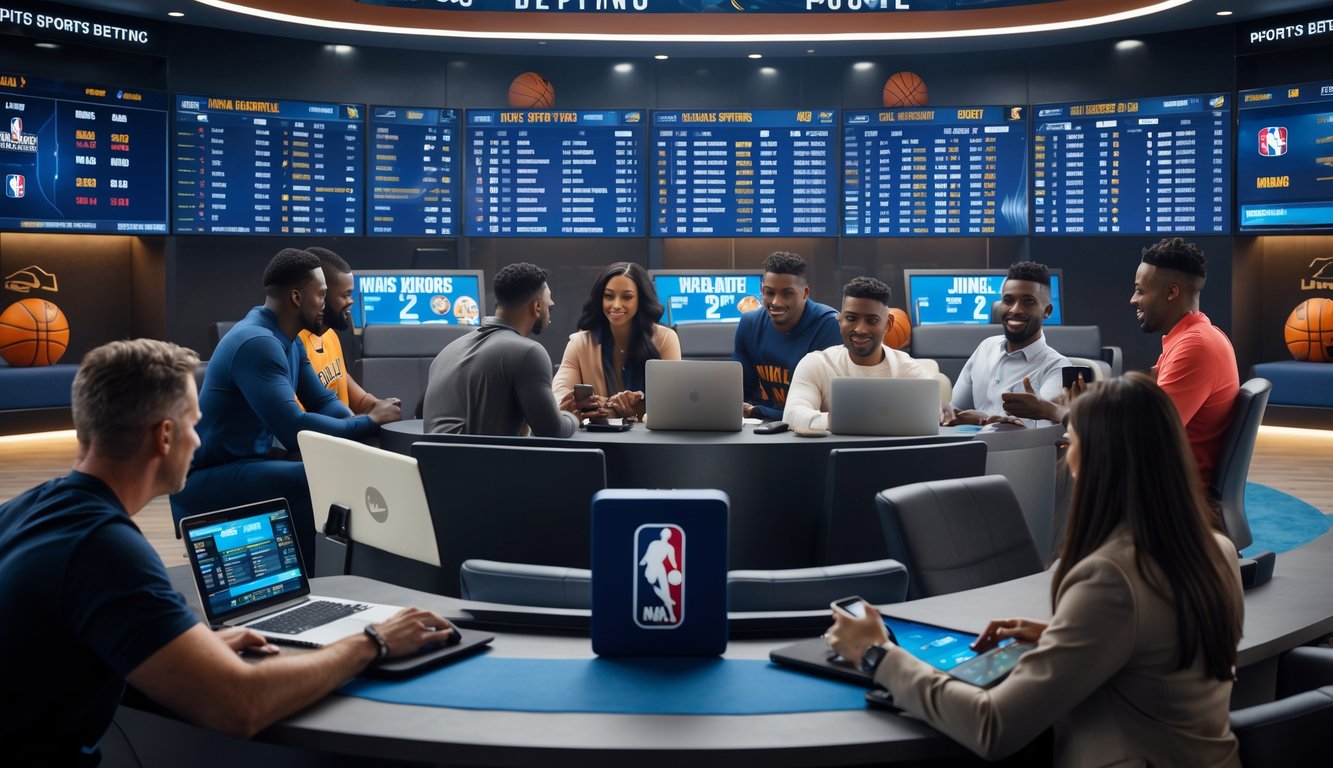 Orang-orang sedang melihat layar besar dengan statistik dan skor pertandingan NBA di ruang taruhan olahraga.