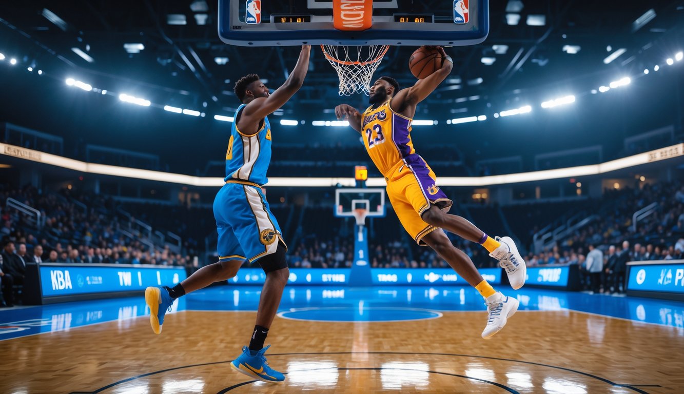Dua pemain basket sedang beraksi di lapangan dalam pertandingan yang intens dengan penonton di latar belakang.