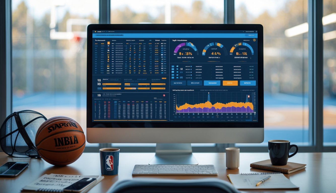 Sebuah ruang kerja modern dengan layar komputer menampilkan statistik dan grafik terkait pertandingan NBA, meja dengan bola basket dan catatan, latar belakang lapangan basket terlihat samar.