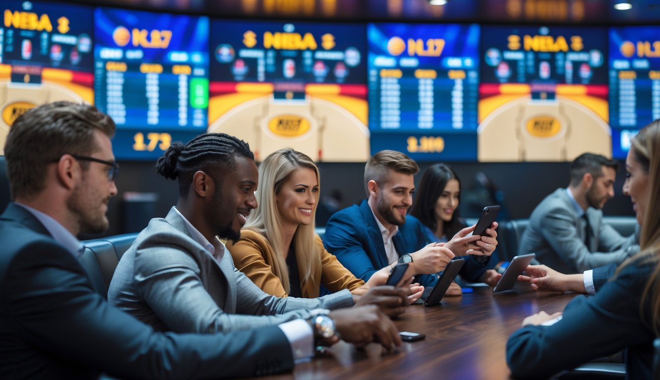 Orang-orang sedang memasang taruhan pada pertandingan NBA menggunakan perangkat digital di sebuah ruang olahraga modern.