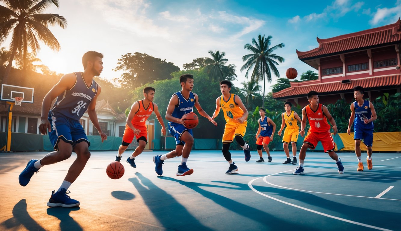 Sekelompok pemain basket muda Indonesia bermain di lapangan luar ruangan dengan latar belakang pemandangan kota dan pepohonan tropis.