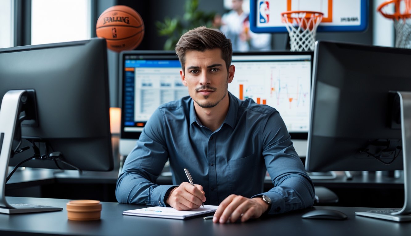 Seorang pria muda duduk di meja kantor modern sambil menganalisis statistik bola basket pada beberapa layar komputer.