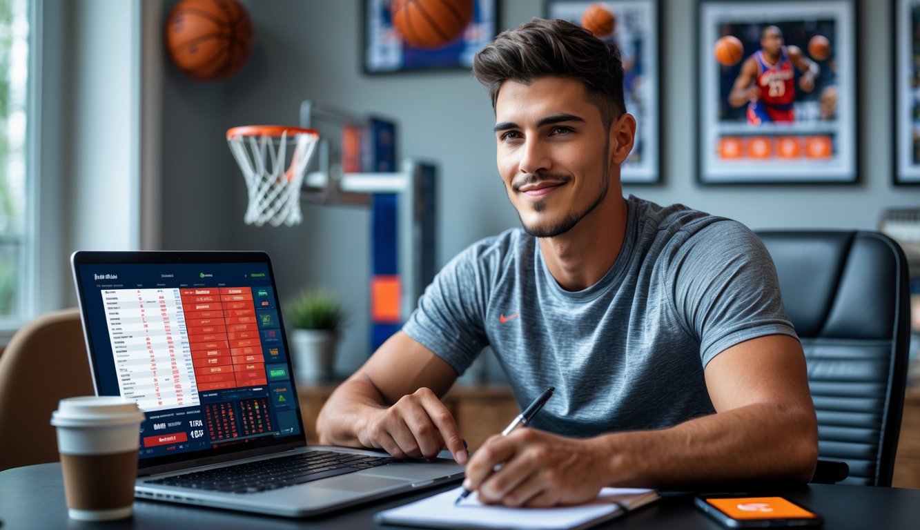 Seorang pria muda duduk di meja dengan laptop dan catatan, menganalisis statistik pertandingan NBA di ruangan dengan dekorasi bola basket.