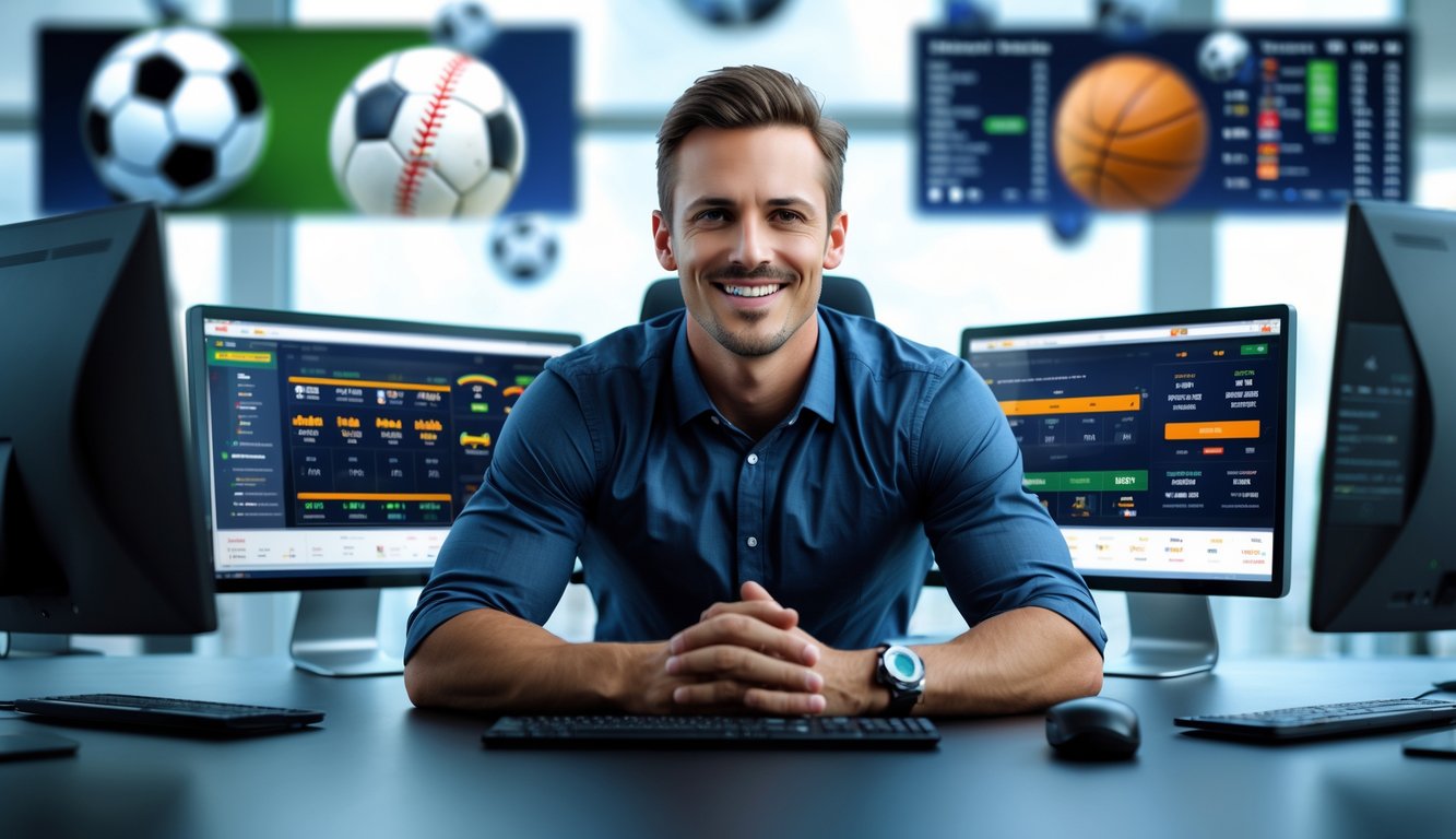 Seorang pria duduk di depan beberapa layar komputer yang menampilkan data taruhan olahraga, dengan latar belakang gambar olahraga seperti sepak bola dan bola basket.