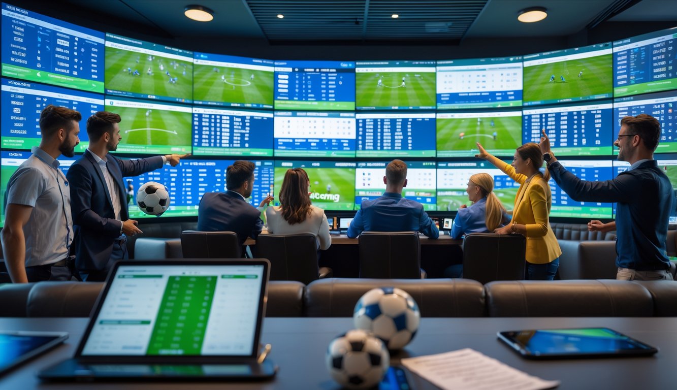 Orang-orang sedang melihat layar digital besar dengan statistik dan peluang taruhan sepak bola dalam suasana ruang olahraga modern.