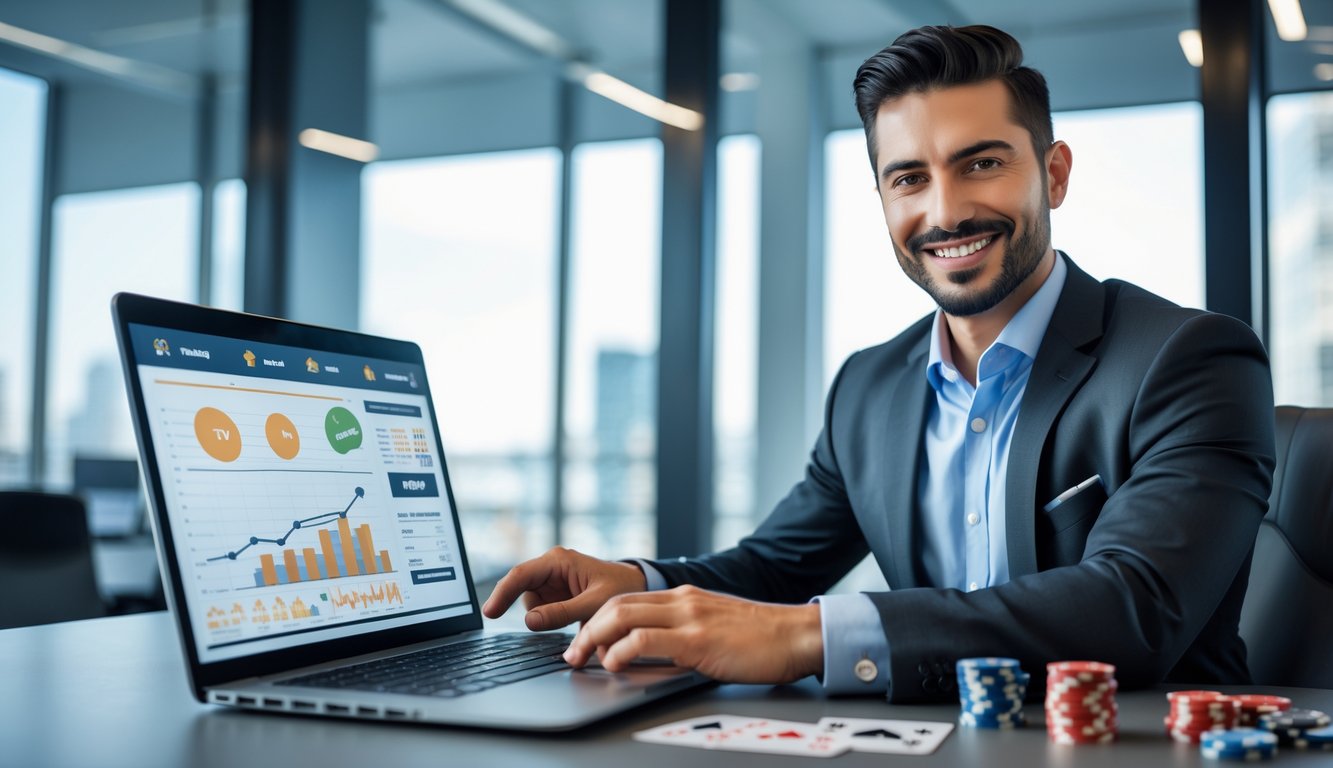 Seorang pria bisnis percaya diri di kantor modern dengan laptop, menunjukkan suasana profesional dan dapat dipercaya dalam layanan taruhan online.