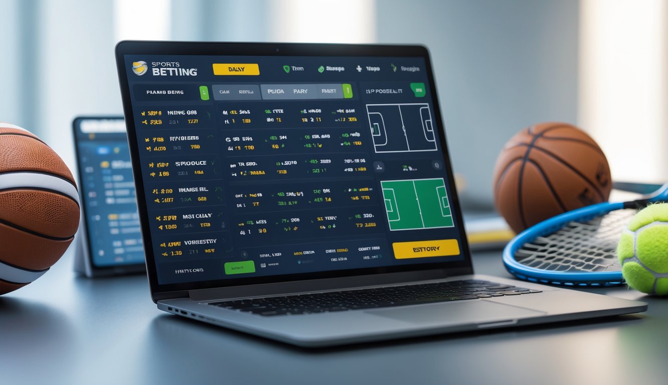 Seorang pengguna duduk di depan laptop dengan tampilan taruhan olahraga online dan beberapa alat olahraga di meja.
