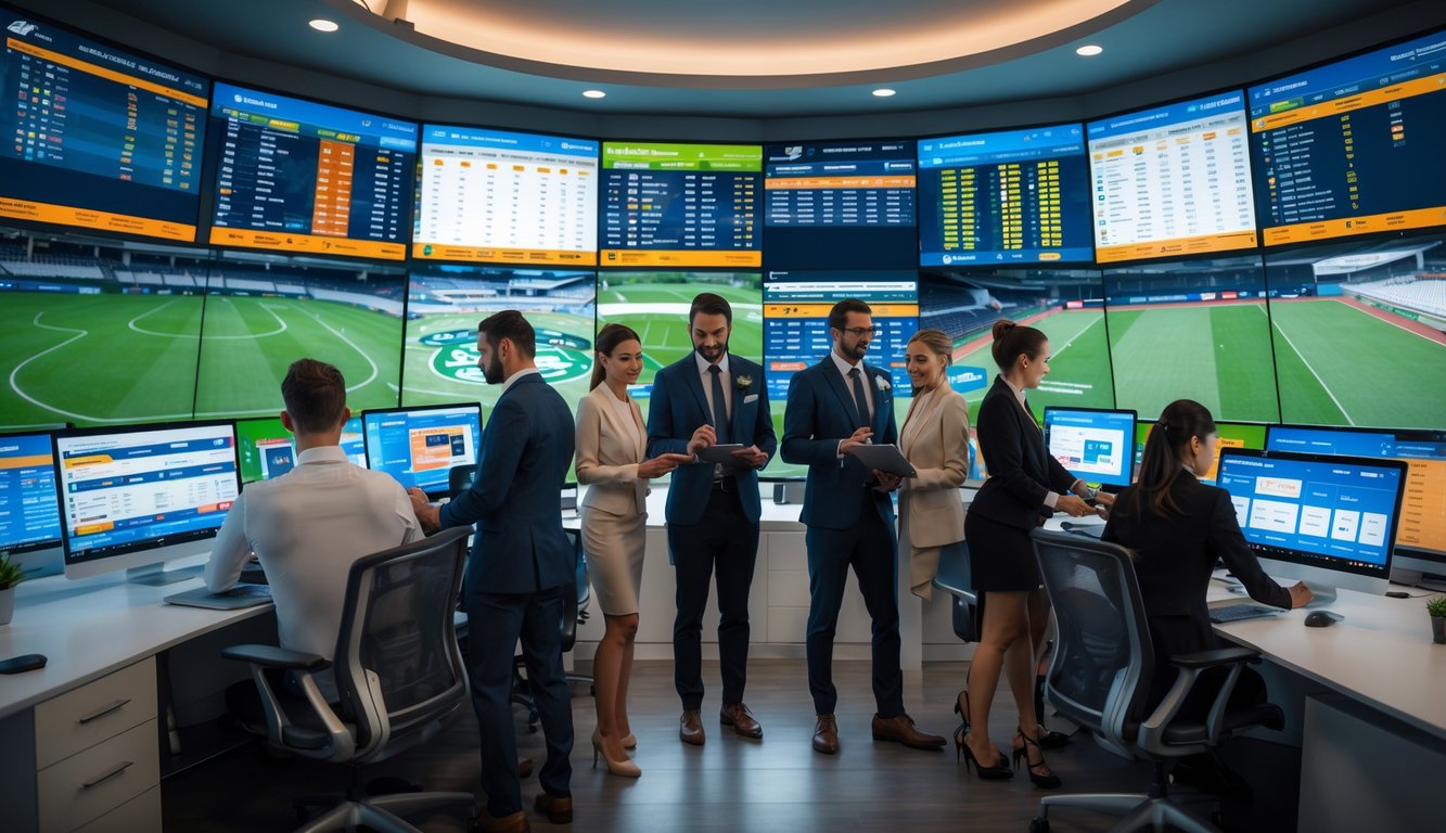Sekelompok orang profesional sedang bekerja di kantor modern dengan layar besar menampilkan acara olahraga dan peluang taruhan.