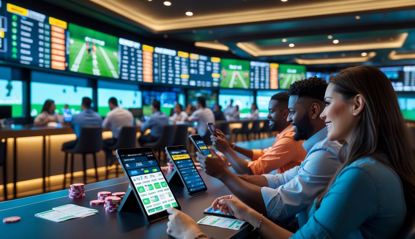 Orang-orang di sportsbook modern yang sedang memasang taruhan parlay menggunakan perangkat digital.