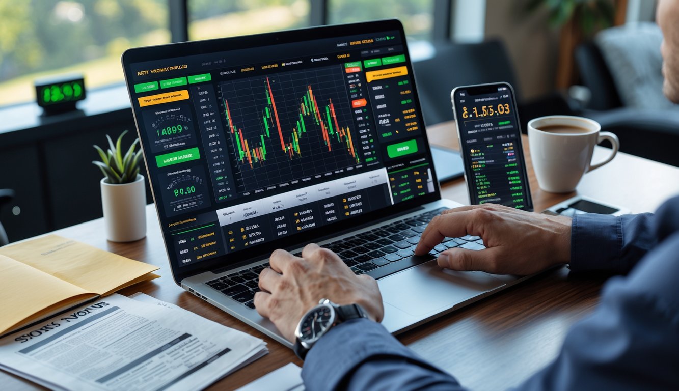 Meja kerja dengan laptop menampilkan grafik prediksi taruhan olahraga, ponsel dengan skor pertandingan, dan secangkir kopi di ruang kantor yang terang.