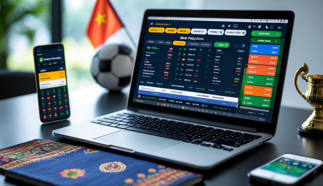 Seseorang menggunakan laptop dan ponsel untuk memasang taruhan bola parlay di meja kerja dengan bendera Indonesia dan pola batik di sekitarnya.