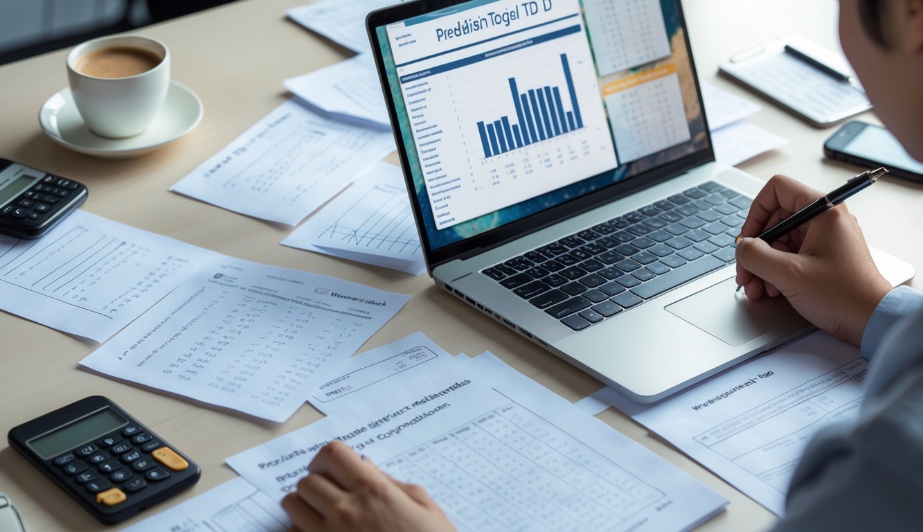 Meja kerja dengan laptop, kertas berisi angka dan tangan yang sedang menulis, menunjukkan aktivitas analisis angka togel.