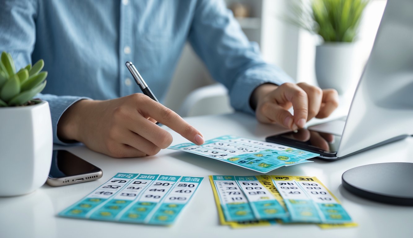 Seseorang sedang duduk di meja dengan tiket togel dan ponsel, tampak fokus bermain togel 1D.