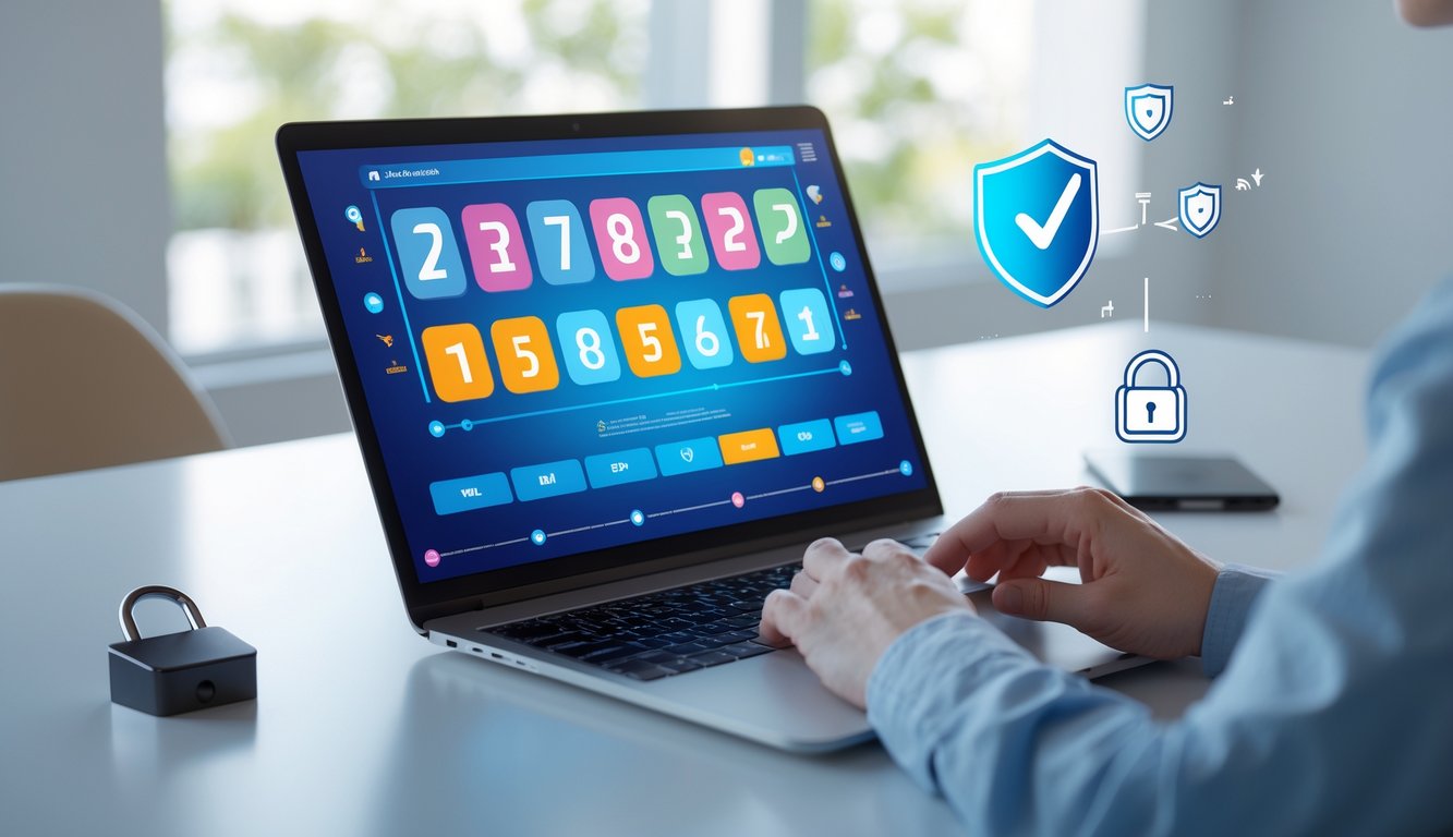 Seseorang menggunakan laptop dengan layar menampilkan antarmuka lotere online yang berwarna-warni di atas meja minimalis yang terang dan rapi.