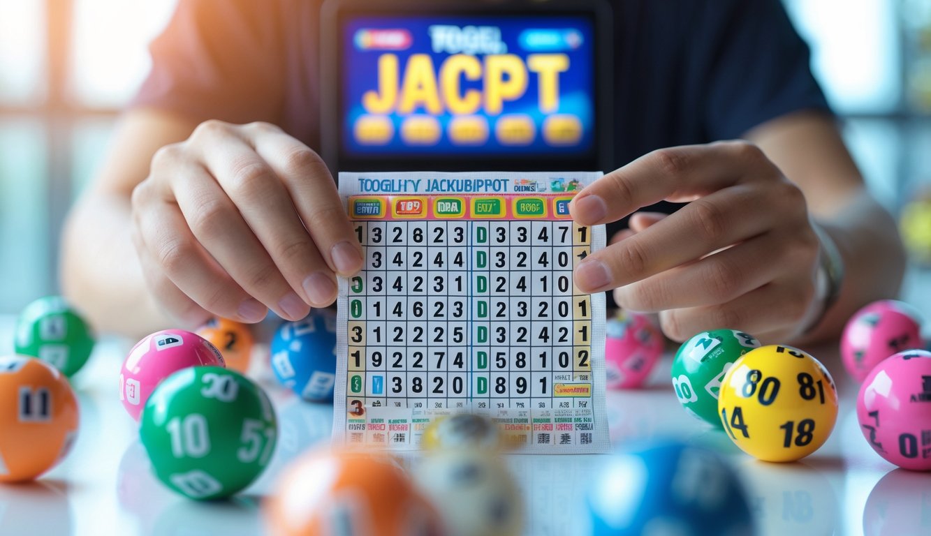 Tangan memegang tiket lotere dengan bola lotere berwarna-warni di sekitar, latar belakang layar digital menampilkan angka jackpot.