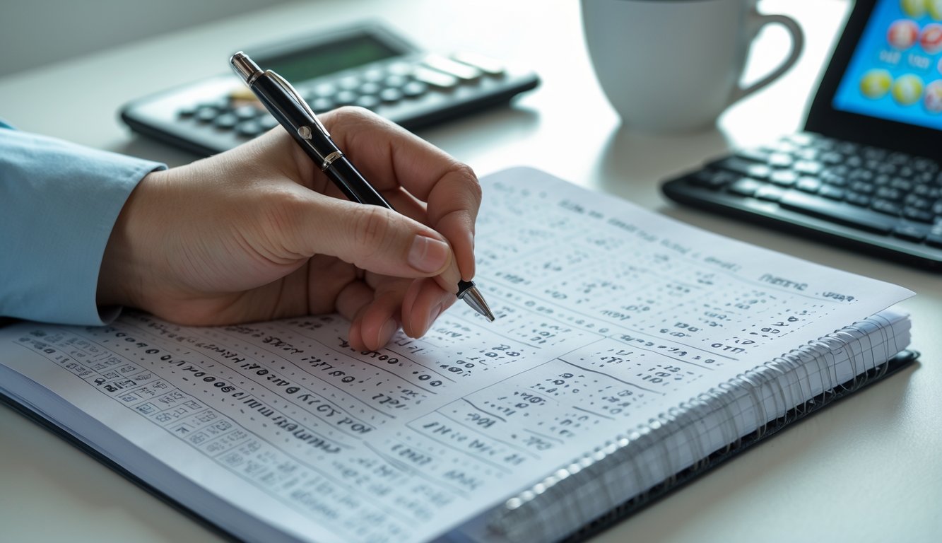 Seseorang sedang menulis angka di buku catatan dengan alat tulis di meja kerja yang rapi.