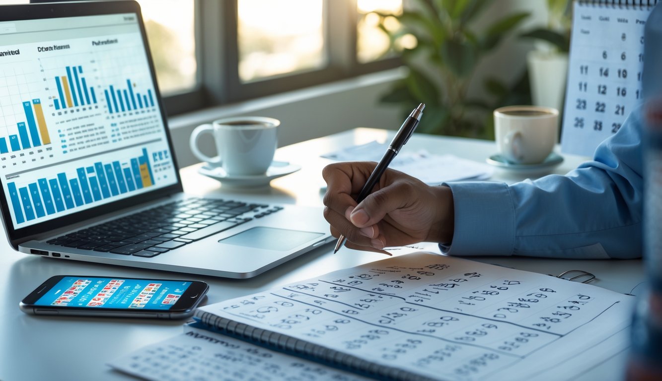 Sebuah meja kerja dengan laptop, catatan angka, dan seseorang sedang menganalisis data.