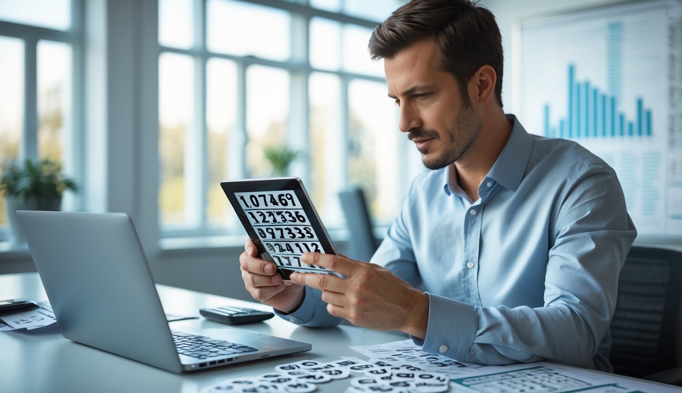 Seorang pria fokus duduk di meja kantor dengan tablet dan alat hitung, menganalisis angka-angka lotre.