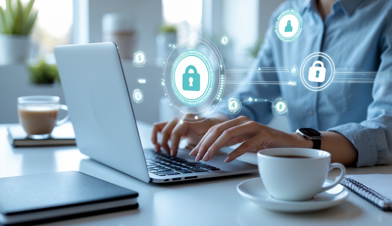 Seseorang menggunakan laptop di ruang kerja yang rapi dengan ikon keamanan digital yang mengambang di sekitar layar.