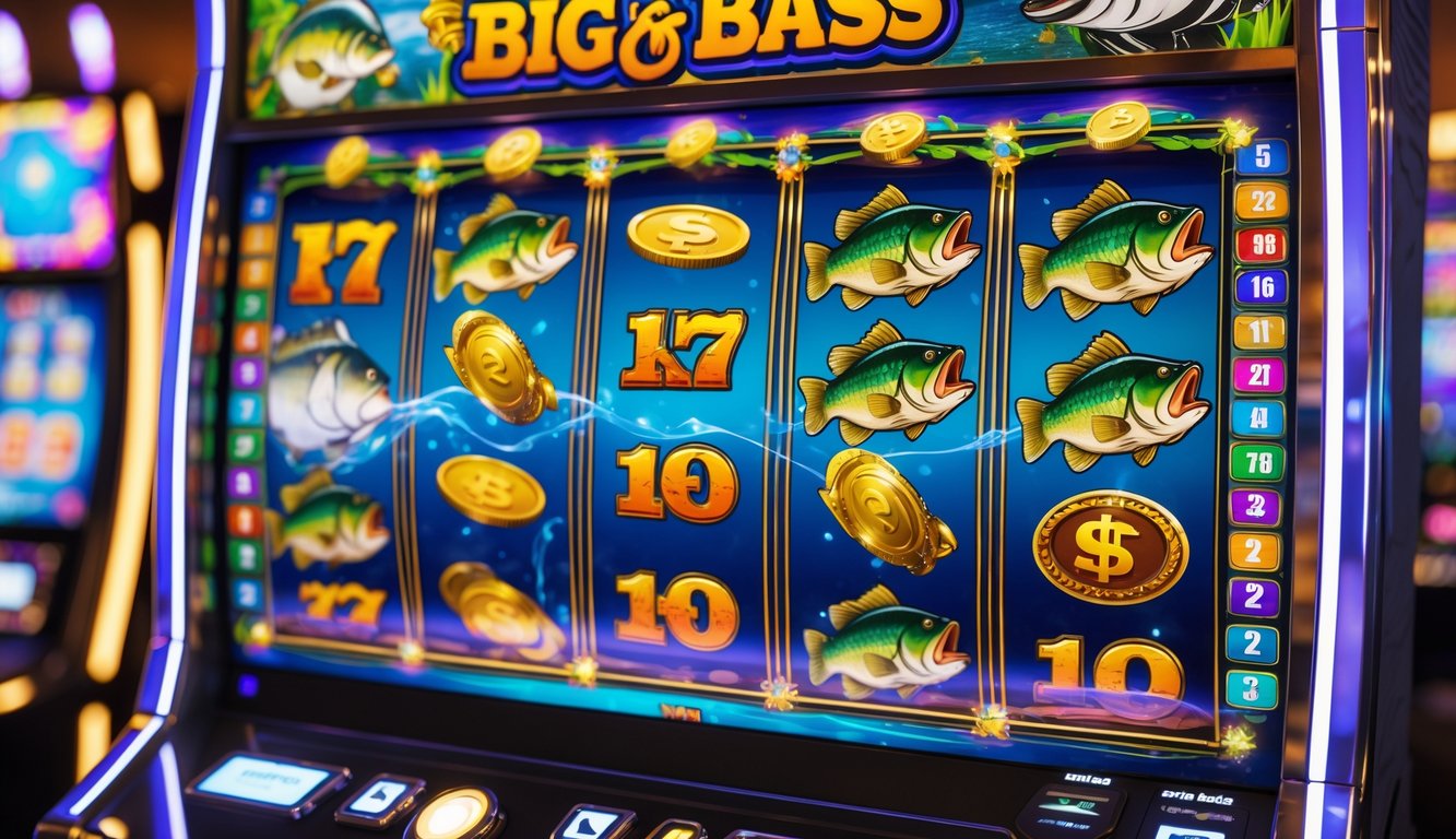 Mesin slot dengan tema memancing ikan bass besar yang berwarna-warni dan cerah di dalam kasino.