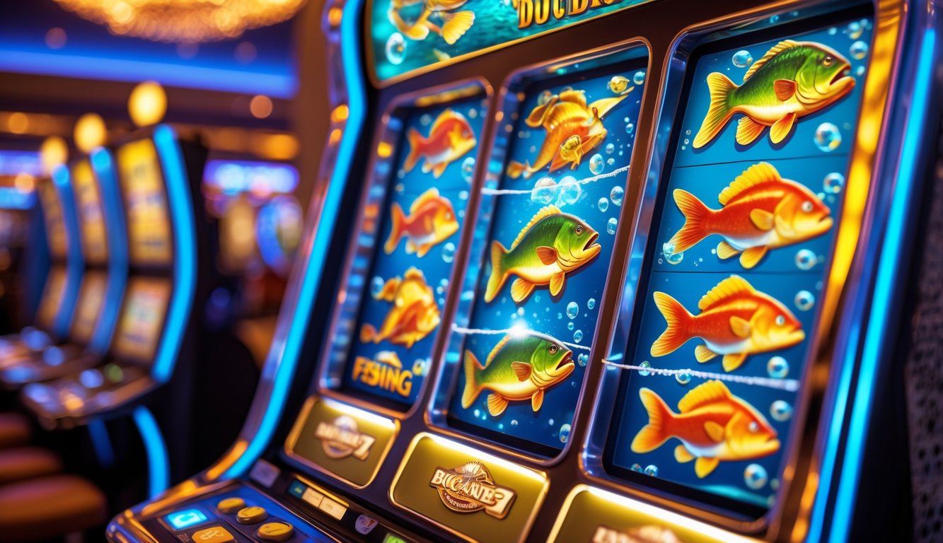 Mesin slot dengan gambar ikan bass besar dan tema memancing di kasino.