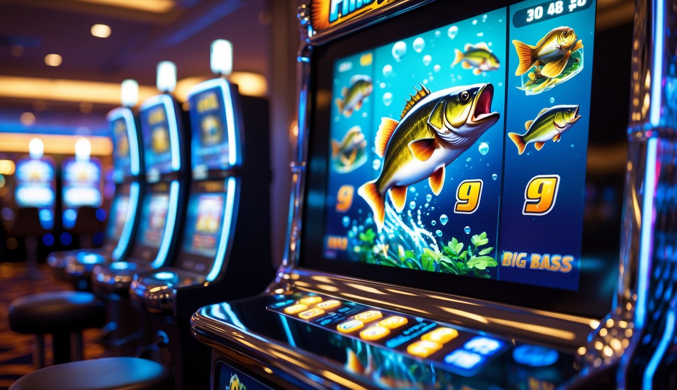 Mesin slot bertema memancing bass besar dengan grafis ikan bass dan alat pancing di dalam kasino yang terang.